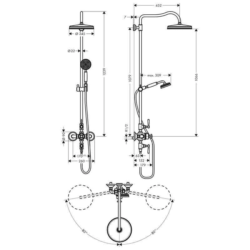 Axor Montreux Showerpipe With Thermostatic Mixer And 1 Jet Overhead Shower 240 - Brushed Brass - 16572950 4 Axor Montreux Showerpipe With Thermostatic Mixer And 1 Jet Overhead Shower 240 - Brushed Brass - 16572950 - Image 2