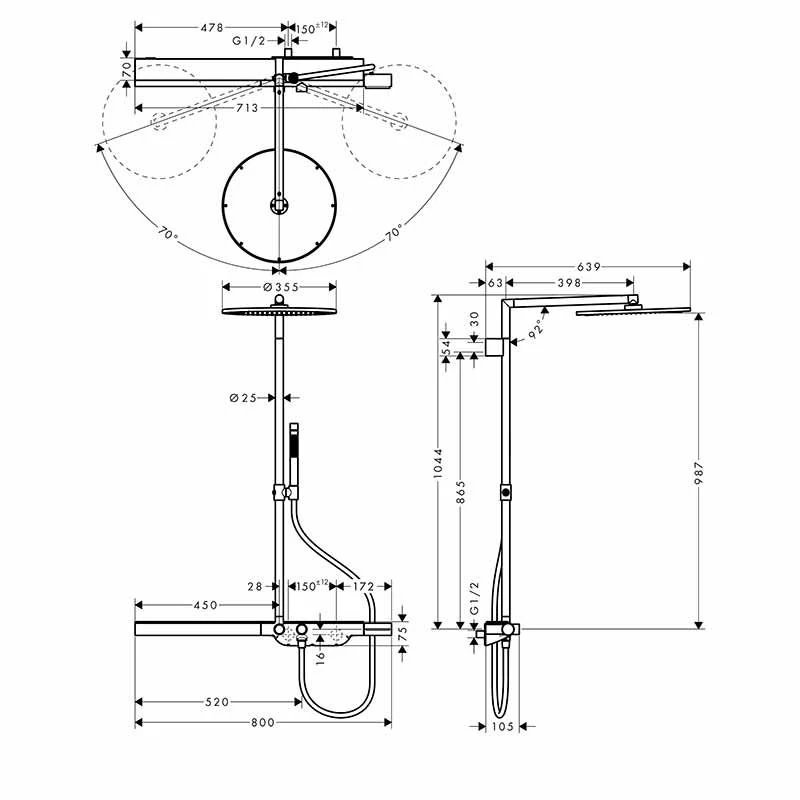 Axor ShowerSolutions Showerpipe With Thermostatic Mixer 800 And 1 Jet Overhead Shower 350 - Brushed Brass - 27984950 4 Axor ShowerSolutions Showerpipe With Thermostatic Mixer 800 And 1 Jet Overhead Shower 350 - Brushed Brass - 27984950 - Image 2