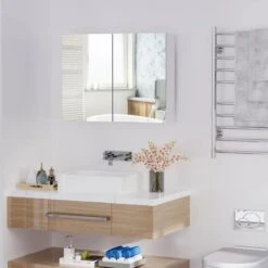 HOMCOM Wall Mounted Double Door Waterproof Glass Mirror Cabinet 80W X 60D X 15H Cm - White - 834-044 -Luxe Bathrooms h o 834 044 homcom glass mirror storage cabinet lifestyle