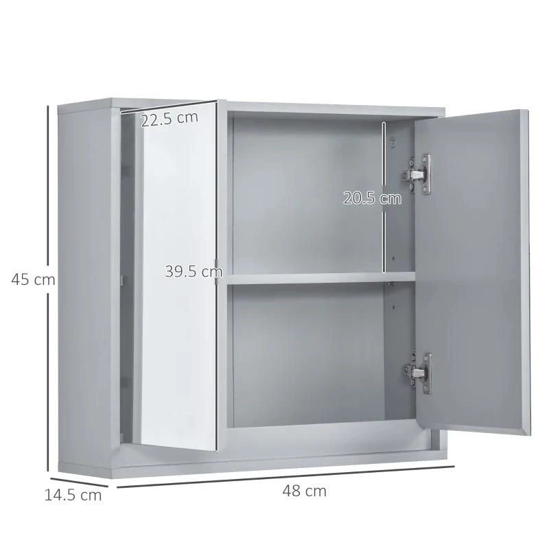 HOMCOM Wall Mounted Bathroom Mirror Cabinet Storage Shelf With Double Door 48 X 14.5 X 45cm - Grey - 834-172 5 HOMCOM Wall Mounted Bathroom Mirror Cabinet Storage Shelf With Double Door 48 X 14.5 X 45cm - Grey - 834-172 - Image 3