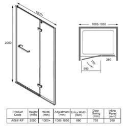 Merlyn 8 Series Frameless Hinge & Inline Shower Door 1000+mm - A0611RF 13 Merlyn 8 Series Frameless Hinge & Inline Shower Door 1000+mm - A0611RF -Luxe Bathrooms m e merlyn a0611rf dimensions