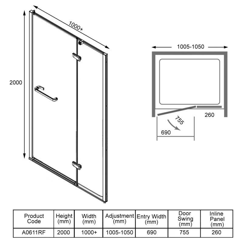 Merlyn 8 Series Frameless Hinge & Inline Shower Door 1000+mm - A0611RF 8 Merlyn 8 Series Frameless Hinge & Inline Shower Door 1000+mm - A0611RF - Image 6