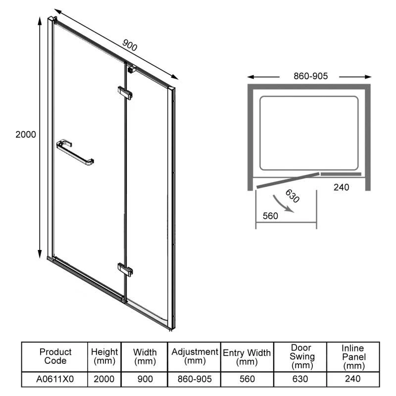 Merlyn 8 Series Frameless Hinge & Inline Shower Door 900mm - In Recess - A0611X0 8 Merlyn 8 Series Frameless Hinge & Inline Shower Door 900mm - In Recess - A0611X0 - Image 6