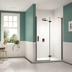 Merlyn Black 1400mm Hinge & Inline Recess Shower Door With MStone Tray - BLKBH1400RECH -Luxe Bathrooms m e merlyn hingle inline door 1