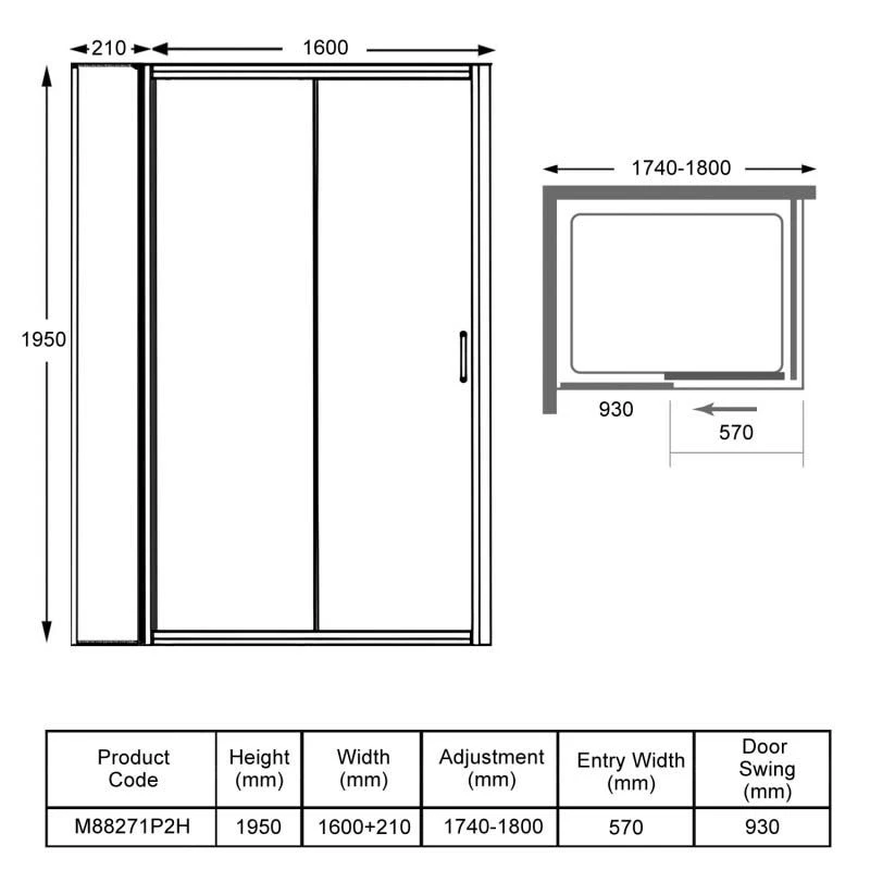 Merlyn 8 Series Sliding Shower Door And Inline Panel 1750mm+ Wide - 1740-1800mm - M88271P2H 5 Merlyn 8 Series Sliding Shower Door And Inline Panel 1750mm+ Wide - 1740-1800mm - M88271P2H - Image 3