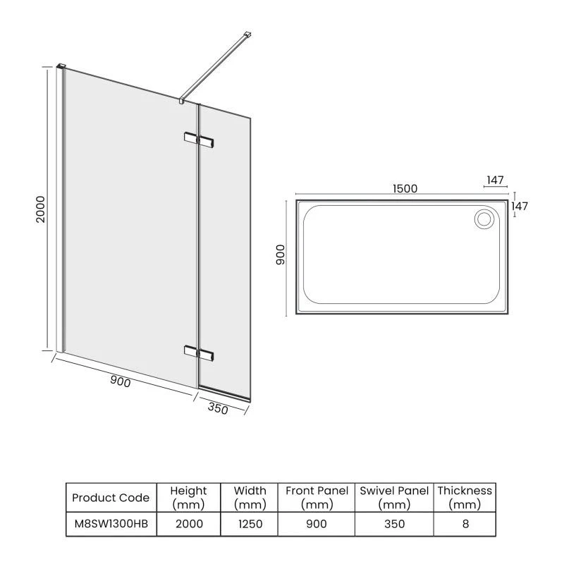 Merlyn 8 Series Showerwall With Hinged Swivel Panel Including Merlyn Mstone Tray 1500 X 900mm - M8SW1300HB 5 Merlyn 8 Series Showerwall With Hinged Swivel Panel Including Merlyn Mstone Tray 1500 X 900mm - M8SW1300HB - Image 3