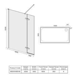 Merlyn 8 Series Showerwall With Hinged Swivel Panel Including Merlyn Mstone Tray 1500 X 900mm - M8SW1400HB -Luxe Bathrooms m e merlyn m8sw1400hb dimensions