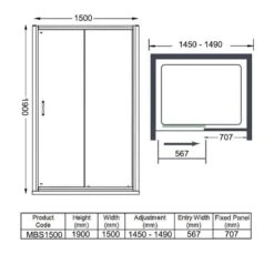 Merlyn MBOX Sliding Shower Door 1500mm - MBS1500 -Luxe Bathrooms m e merlyn mbs1500 dimensions