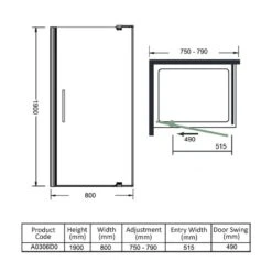 Merlyn Ionic Express Pivot Shower Door 800mm Wide - 6mm Glass - A0306D0 -Luxe Bathrooms merlyn a0306d0 dimensions