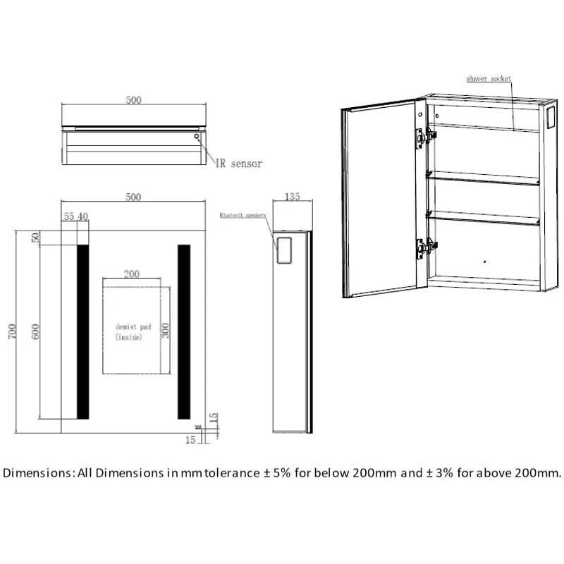 RAK Ceramics Sagittarius LED Illuminated Mirrored Bluetooth Cabinet With Demister 700x500mm - RAKSAG5001 4 RAK Ceramics Sagittarius LED Illuminated Mirrored Bluetooth Cabinet With Demister 700x500mm - RAKSAG5001 - Image 2