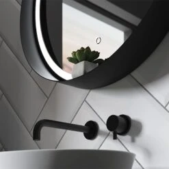 Sensio Dawn Round LED Mirror With Frame & Shelf 600x110mm - Matt Black - SE30398T0 -Luxe Bathrooms s e sensio se30398t0 2